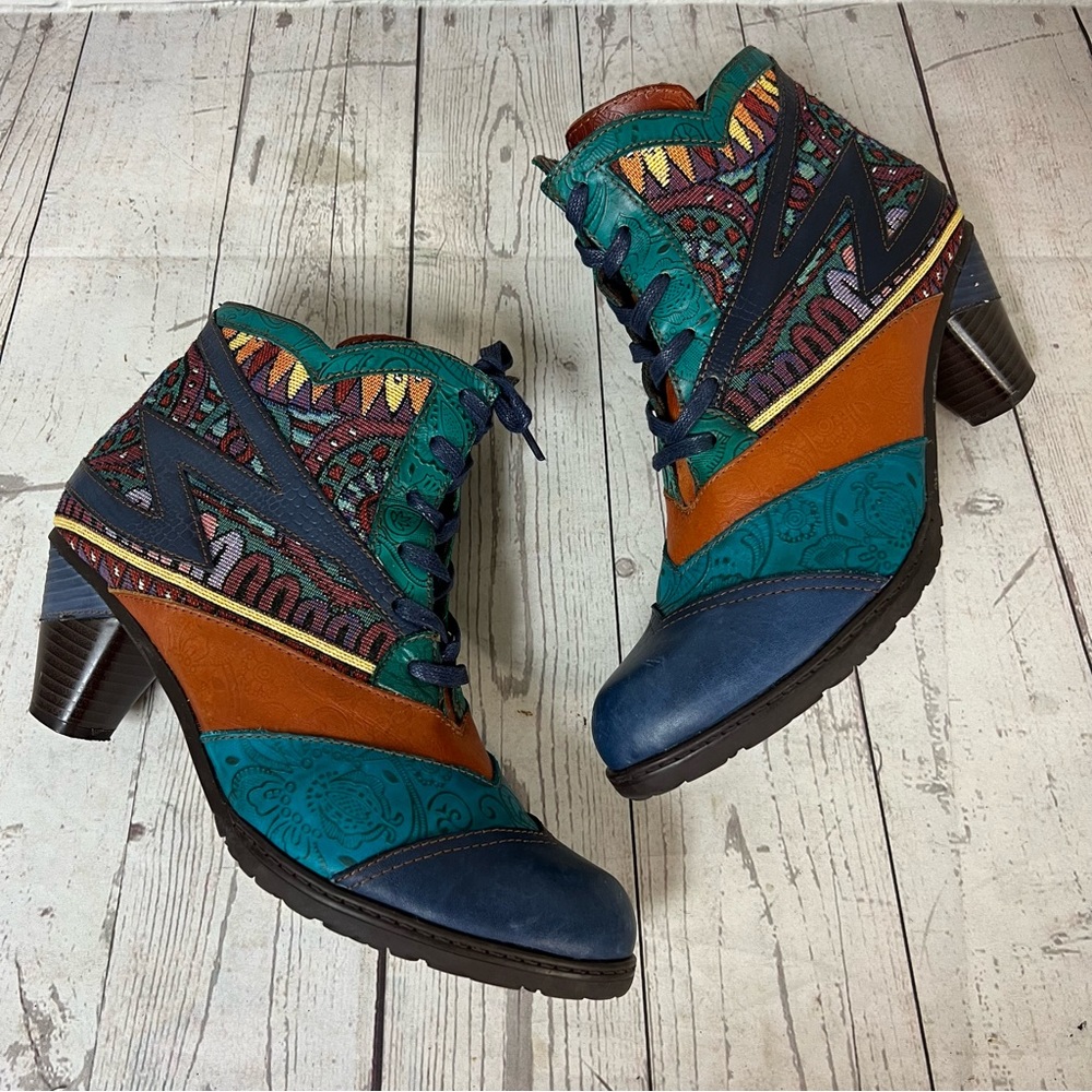 SOCOFY Patchwork Boho Ankle Boots Lace Up Zip Art to Wear 41 US 10 Multicolor